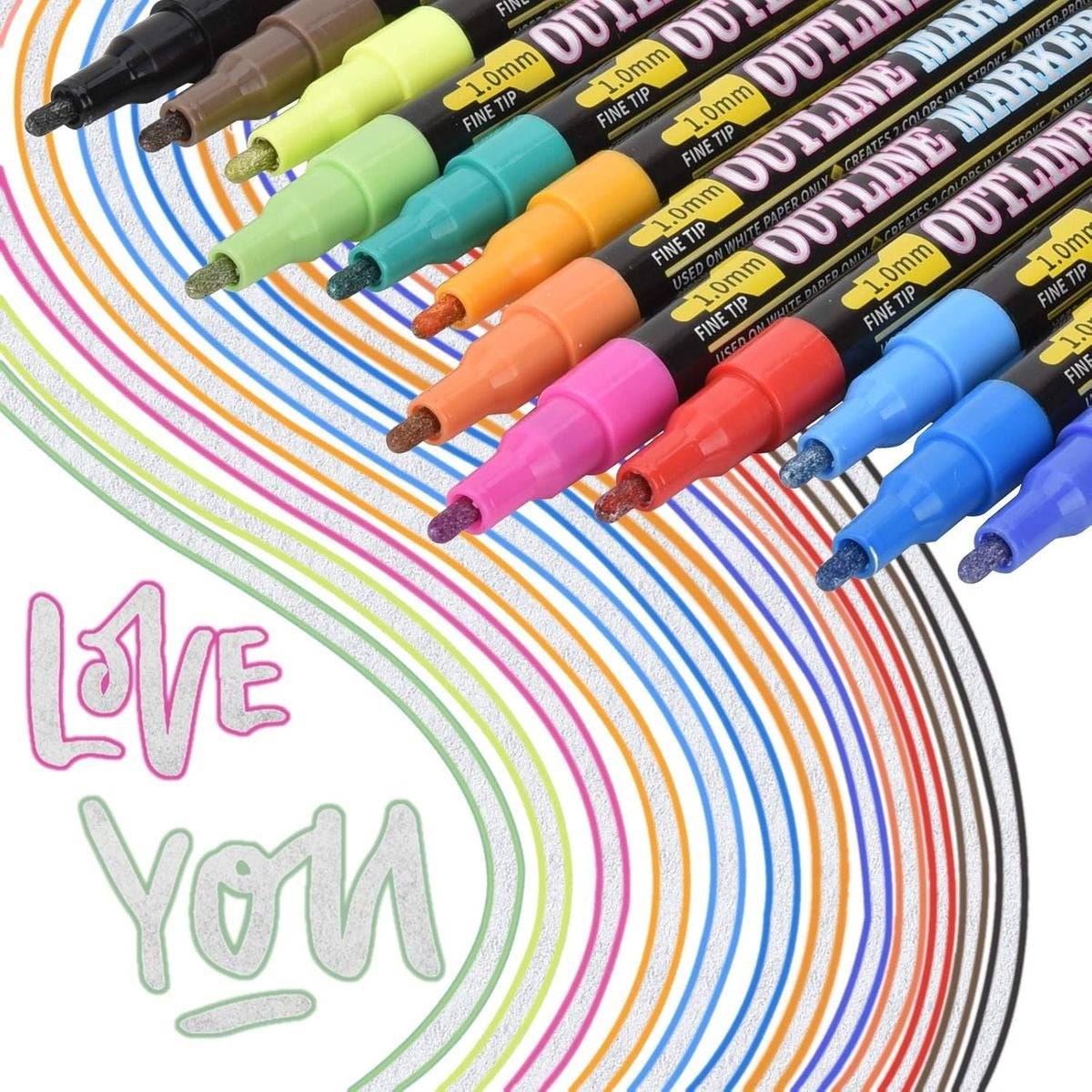 12 Outline Colour Marker Pens 1.0mm Fine Tip