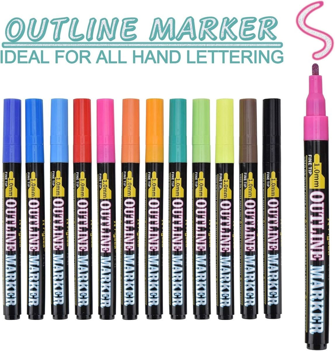 12 Outline Colour Marker Pens 1.0mm Fine Tip