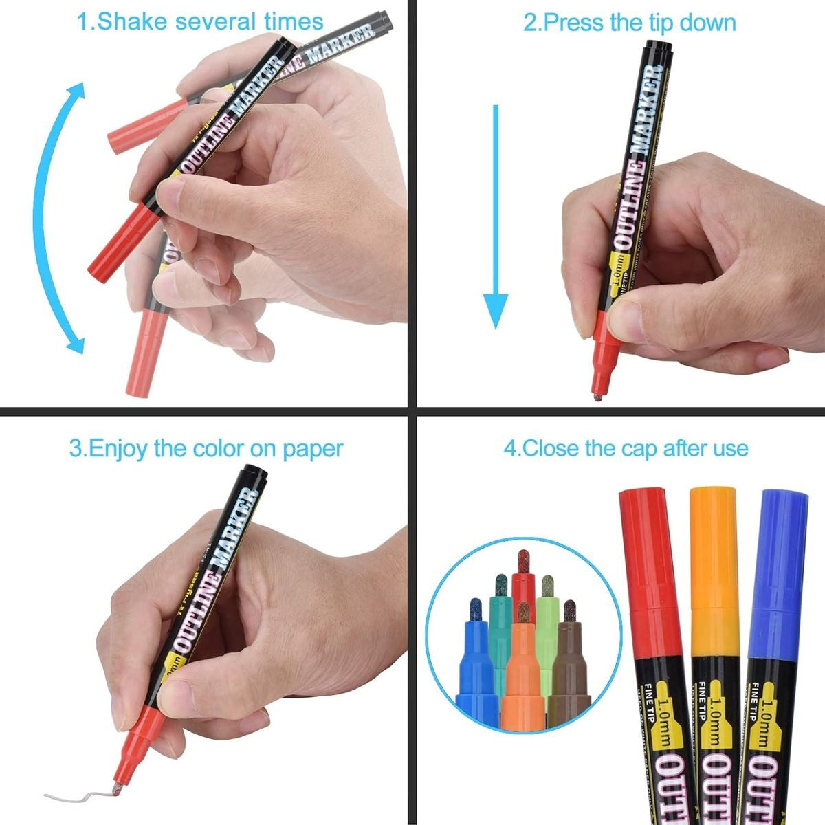 12 Outline Colour Marker Pens 1.0mm Fine Tip