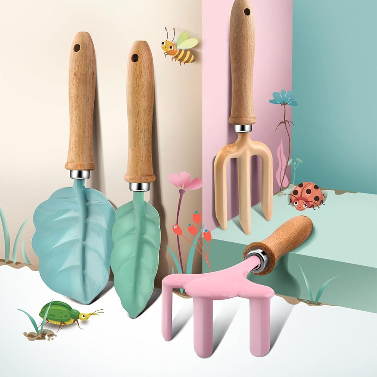 4 Pc Kids Gardening Accessory Set Wooden Handles