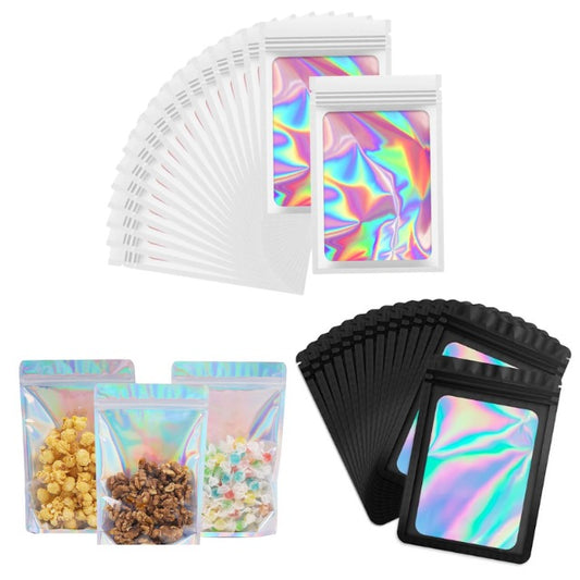 3PK Combo 100 Pack Black & 100 White &100 Resealable Holographic Bag 10x15 - Silver