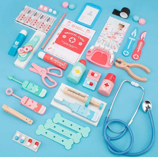 34 Pieces Pretend Play Doctor/Nurse Role Play Wooden Medical Set Box