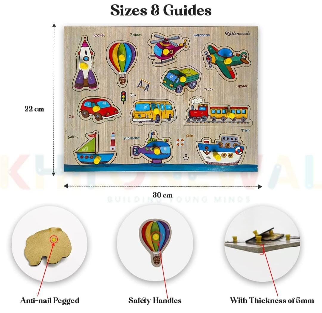 12 Piece Toddler Gripping Peg Board Matching Vehicle Themed Wooden Puzzle