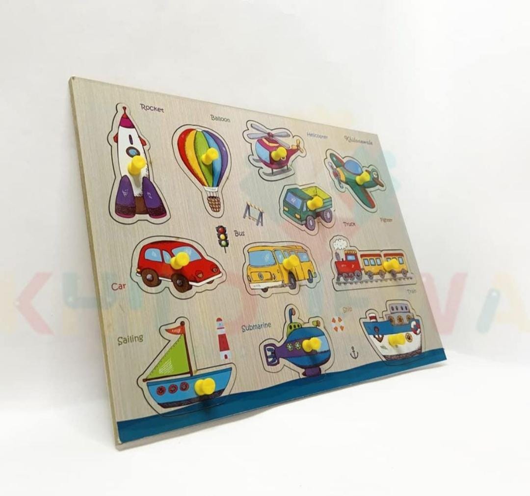 12 Piece Toddler Gripping Peg Board Matching Vehicle Themed Wooden Puzzle