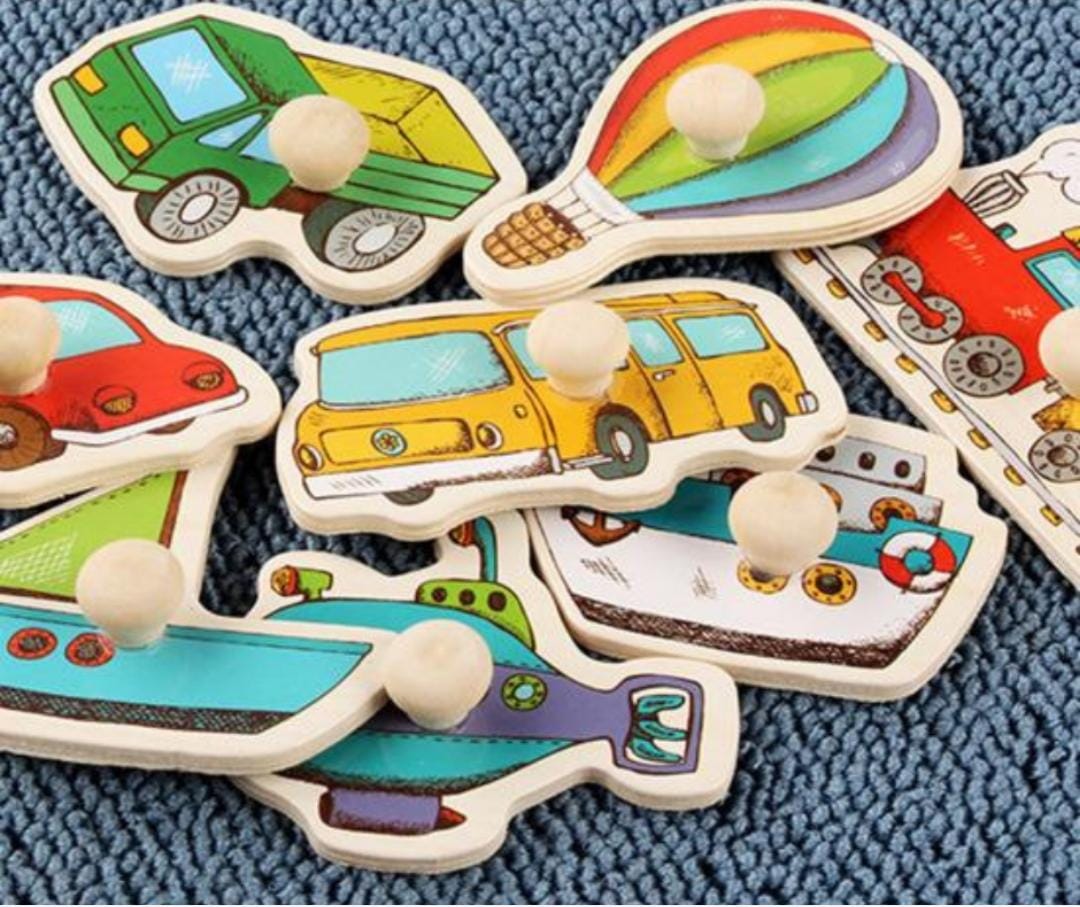 12 Piece Toddler Gripping Peg Board Matching Vehicle Themed Wooden Puzzle