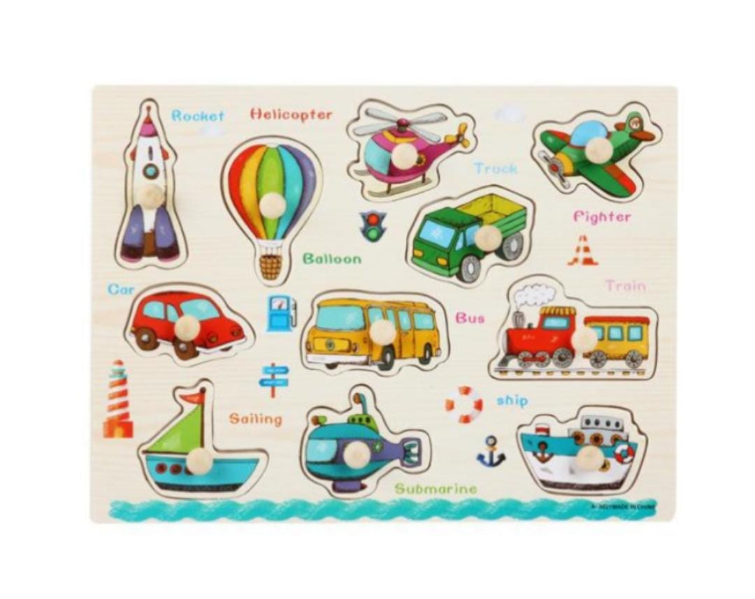 12 Piece Toddler Gripping Peg Board Matching Vehicle Themed Wooden Puzzle