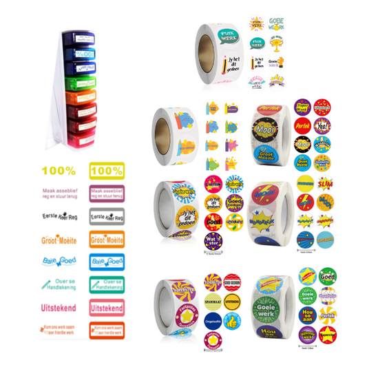 8PK Combo Afrikaans Teacher stamps (8 Stamp set) & 3500 Afrikaans Stickers