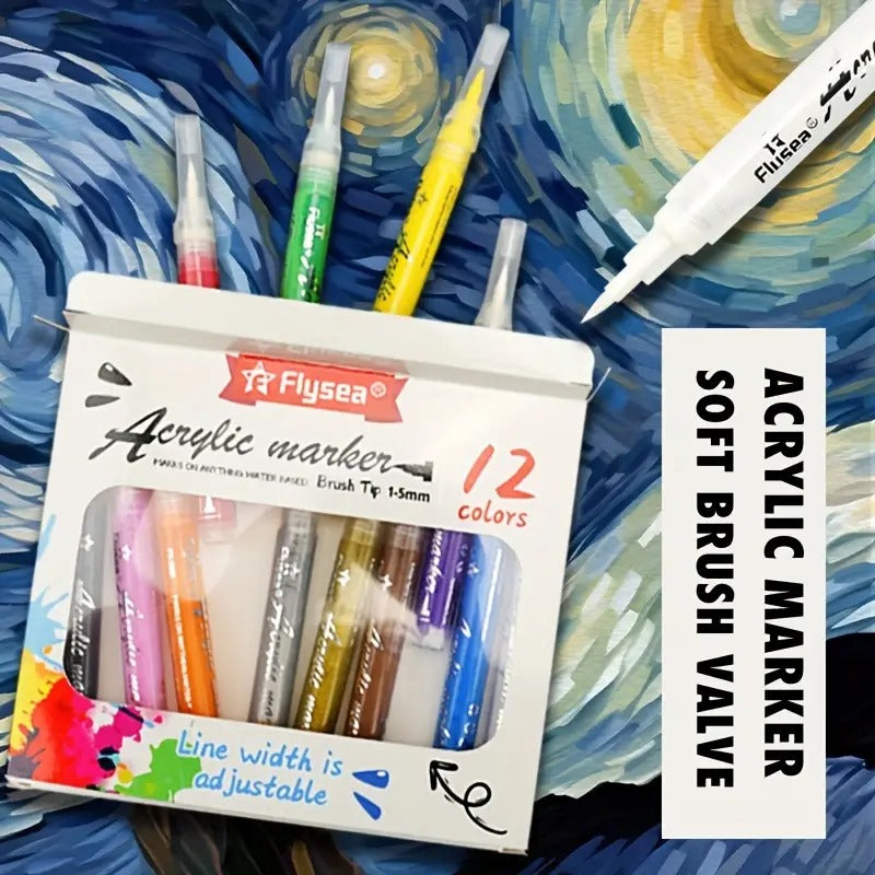 12 Acrylic Paint Markers Brush Tip 1-5mm