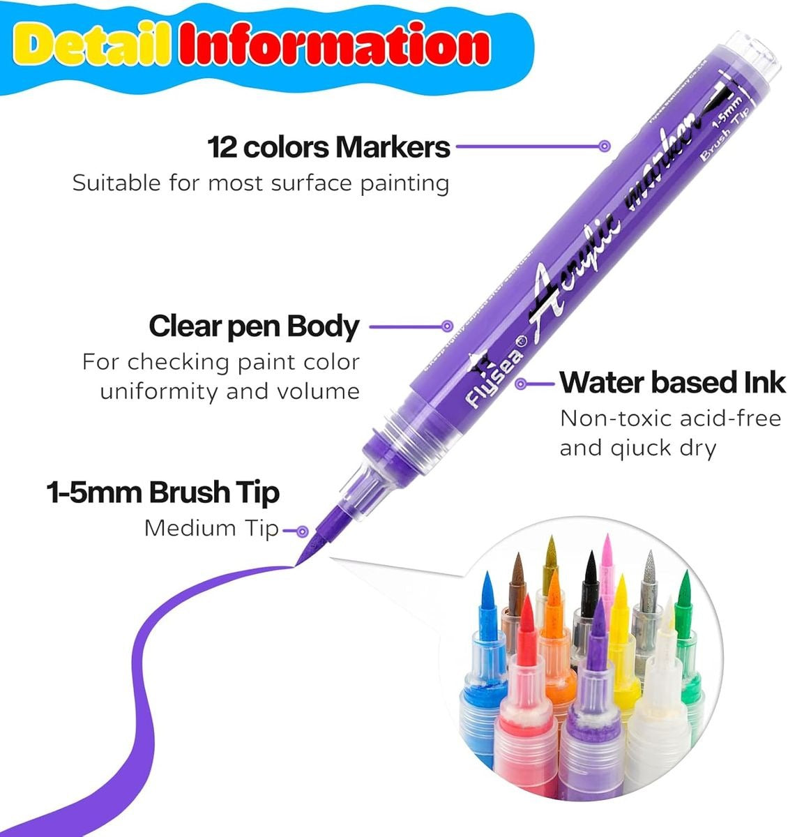 12 Acrylic Paint Markers Brush Tip 1-5mm