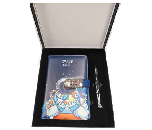 Combination Lock A5 Notebook Diary Journal Soft PU Leather Cover Gift Set - Big Astronaut