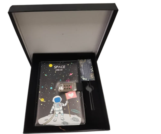 Combination Lock A5 Notebook Diary Journal Soft PU Leather Cover Gift Set - Astronaut with heart flag