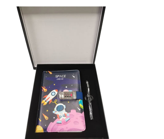 Combination Lock A5 Notebook Diary Journal Soft PU Leather Cover Gift Set - Astronaut on pink moon