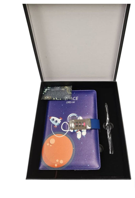 Combination Lock A5 Notebook Diary Journal Soft PU Leather Cover Gift Set - Astronaut on red moon