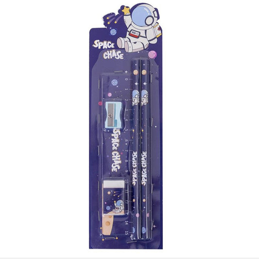 Pencil Set with eraser sharpener ruler 5 PC Astronaut Space theme - 5 Pack