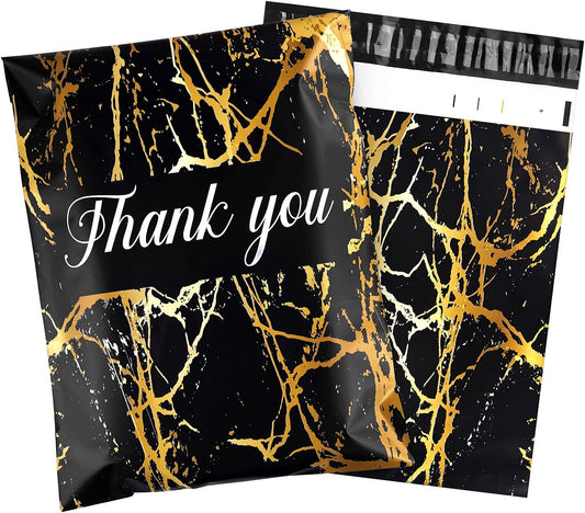 100 Black and Gold Thank You Polymailers Packaging 25x33CM self-adhesive