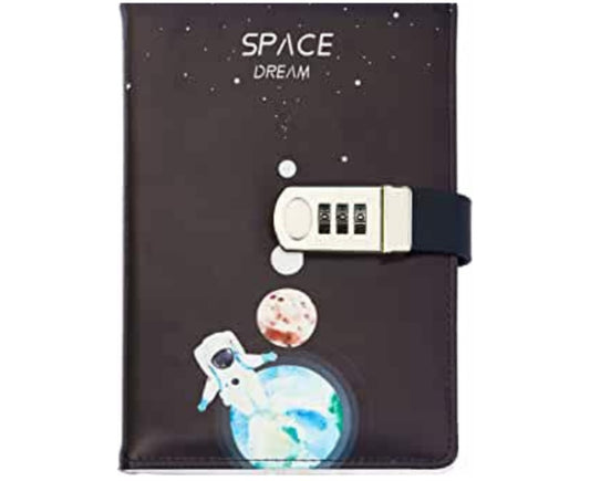 Combination Lock A5 Notebook Diary Journal Soft PU Leather Cover OuterSpace - Astro on Blue Moon