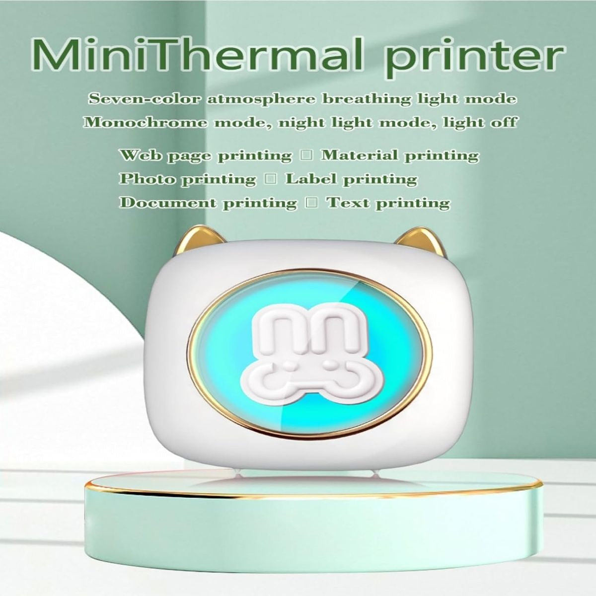 Mini Portable Bunny Face Pocket Inkless Bluetooth Thermal Printer C23 7 LED -white