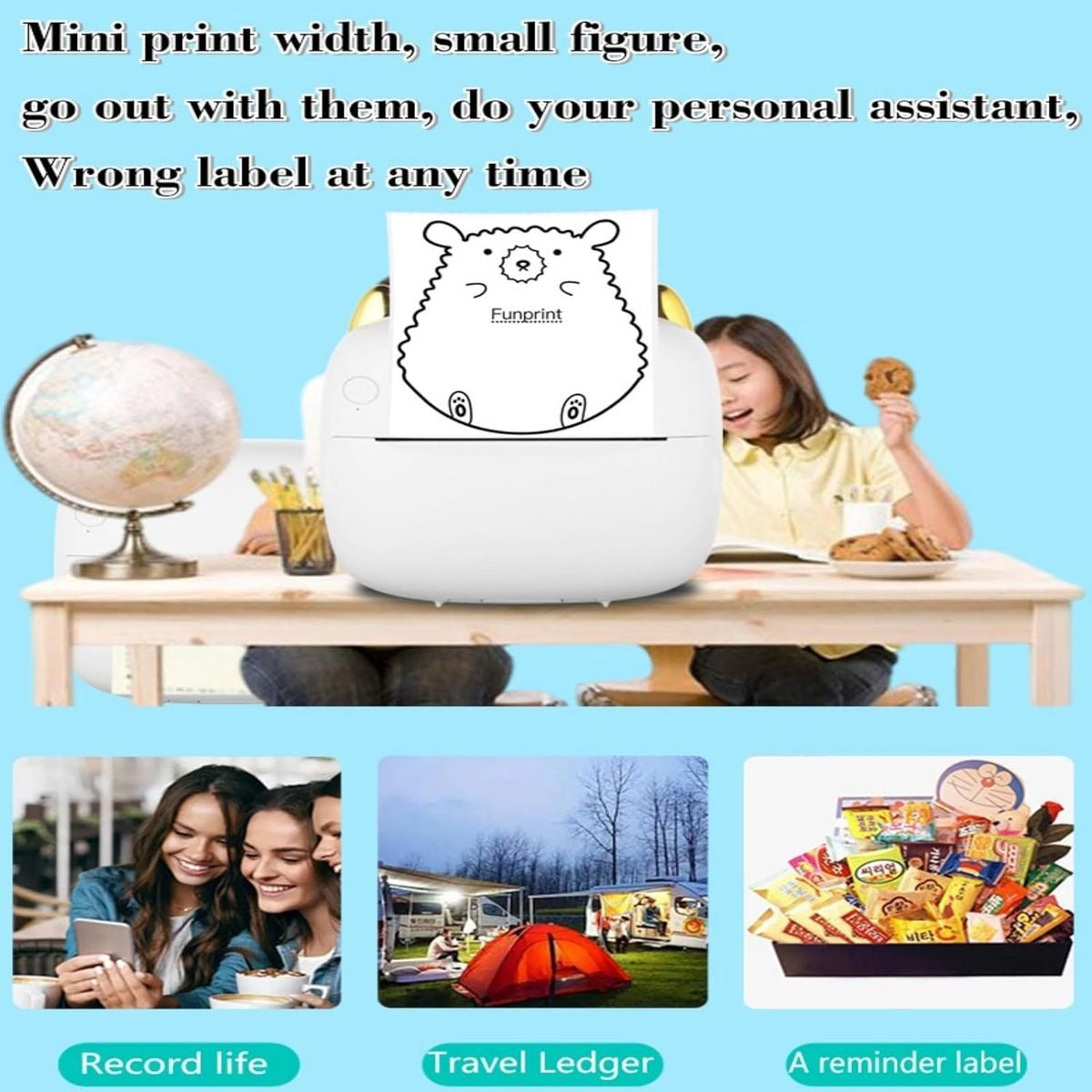 Mini Portable Bunny Face Pocket Inkless Bluetooth Thermal Printer C23 7 LED -white