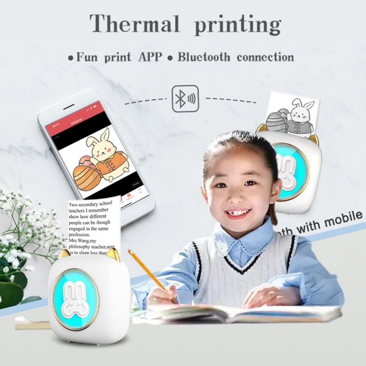 Mini Portable Bunny Face Pocket Inkless Bluetooth Thermal Printer C23 7 LED -white