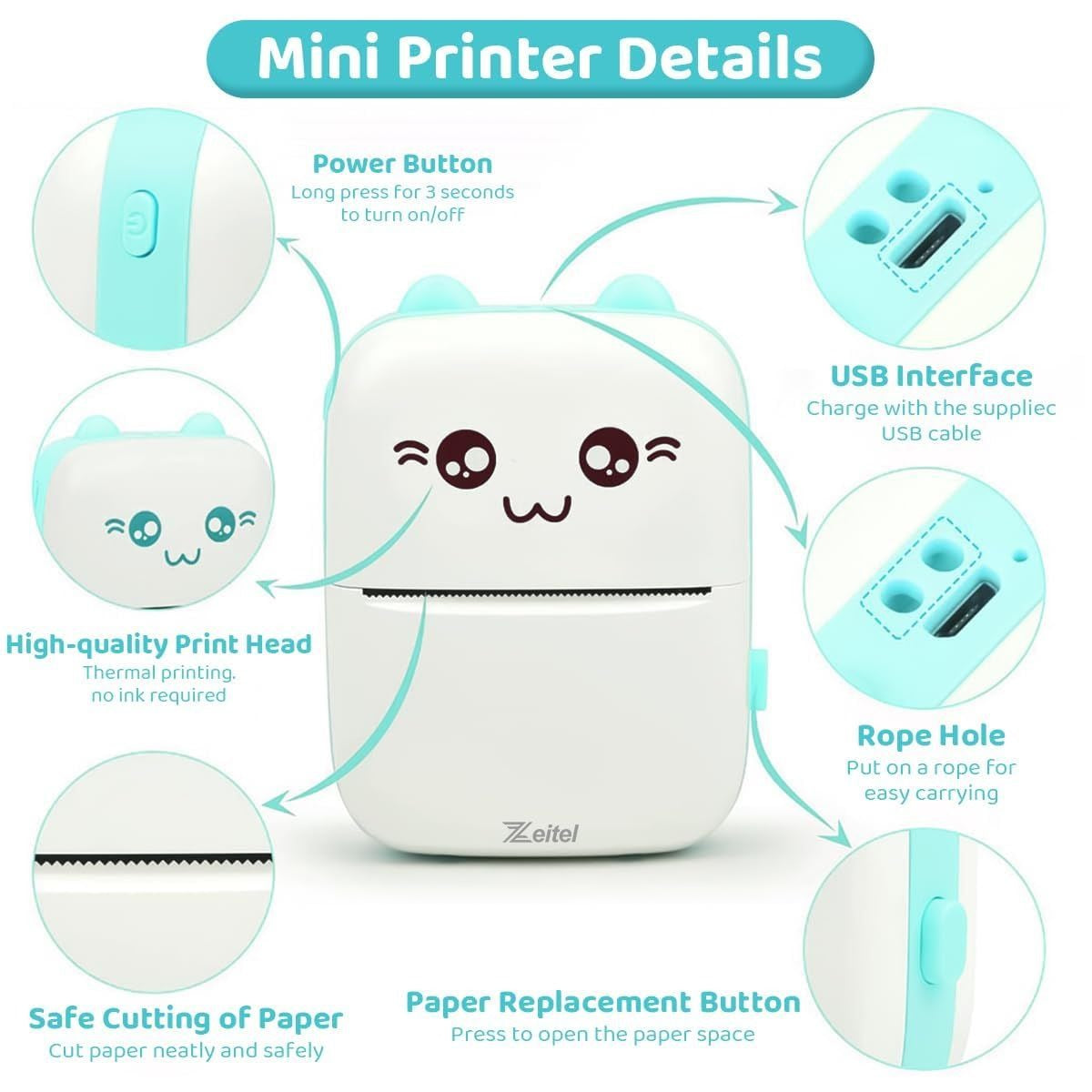 Mini Thermal Cat Face C9 Bluetooth Portable Pocket Printer Inkless 2 colour - Blue