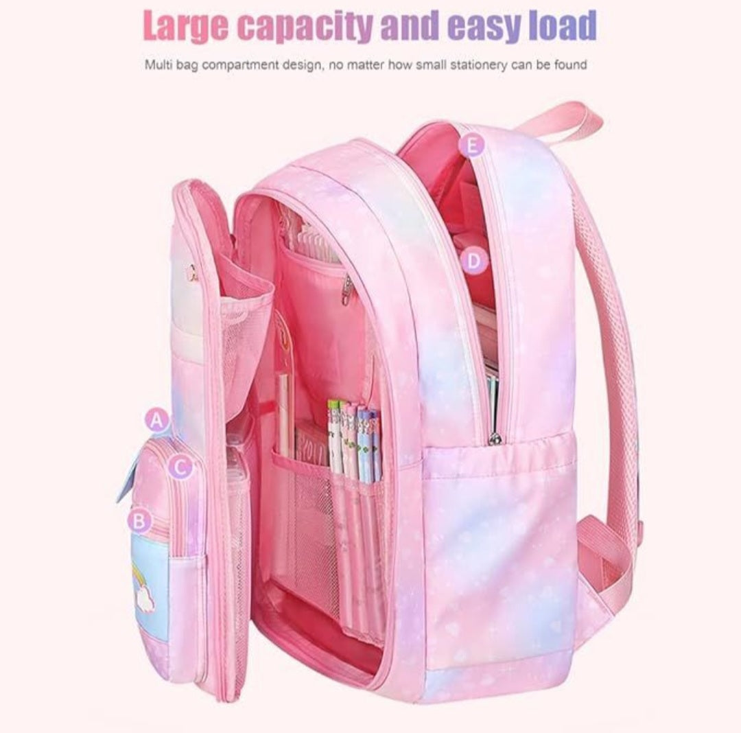 School Girls Rainbow Backpack Refrigerator door Style & multi compartments -PINK TINT