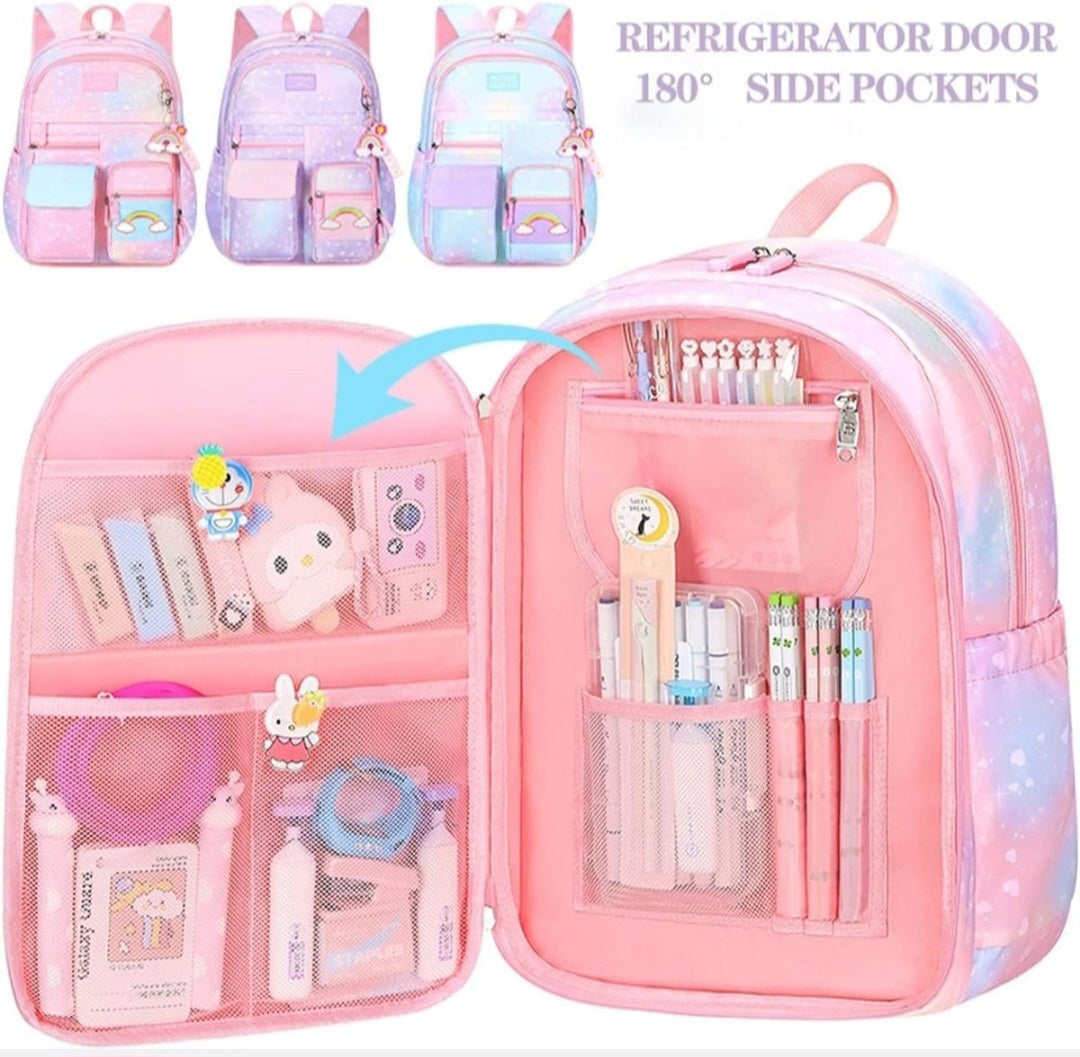 School Girls Rainbow Backpack Refrigerator door Style & multi compartments -PINK TINT