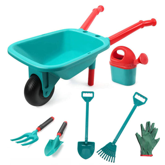 7 Piece Kids Garden tool set Outdoor play Wheelbarrow Gloves Shovel Water can