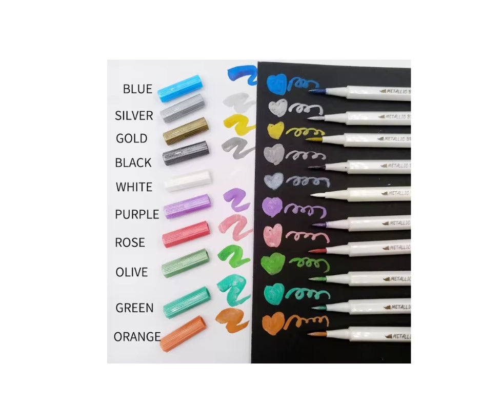 10 Metallic Marker Pens Brush Tip Multi Surface 0.5-6mm