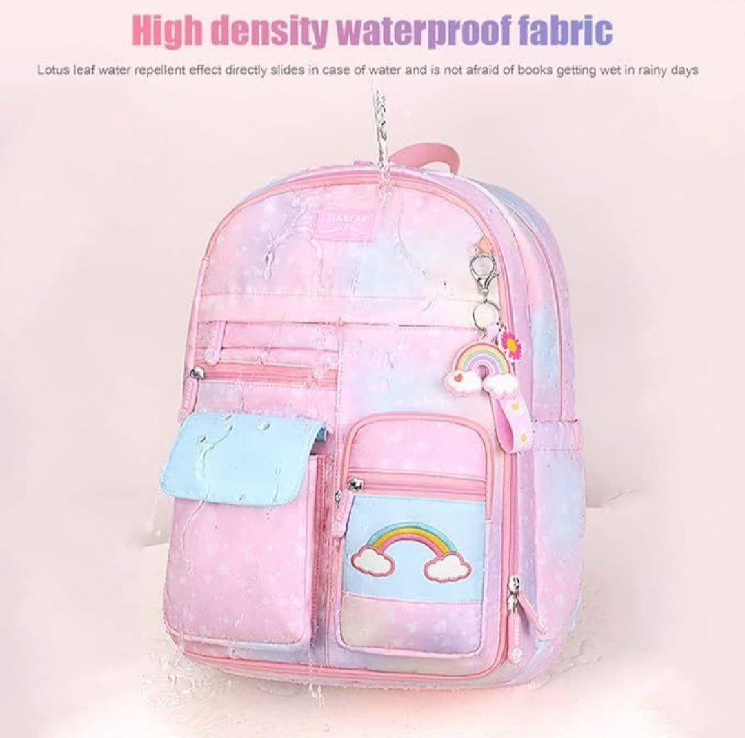 School Girls Rainbow Backpack Refrigerator door Style & multi compartments -PINK TINT