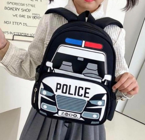 Mini Size Grade RR Cartoon Print Black Police Car School Backpack