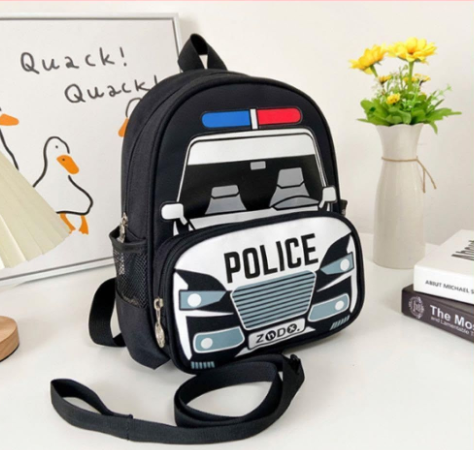 Mini Size Grade RR Cartoon Print Black Police Car School Backpack