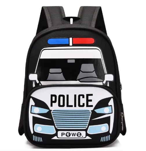 Mini Size Grade RR Cartoon Print Black Police Car School Backpack