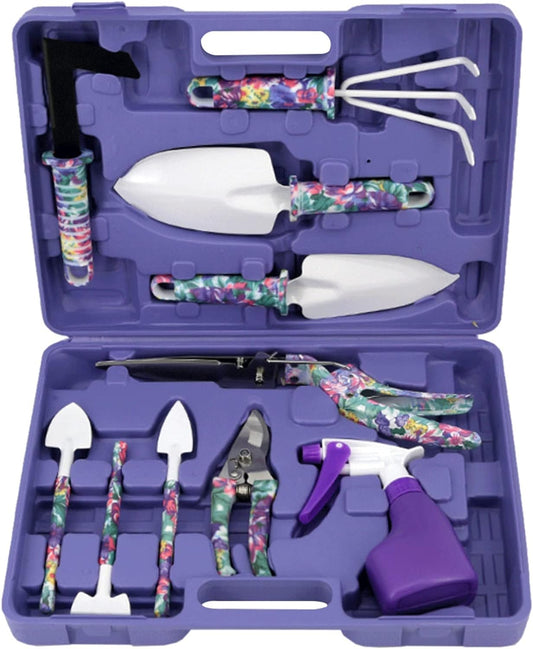 Purple Floral Gardening Tool Set 10 Pieces In Carry Case Novelty Gift Outdoor