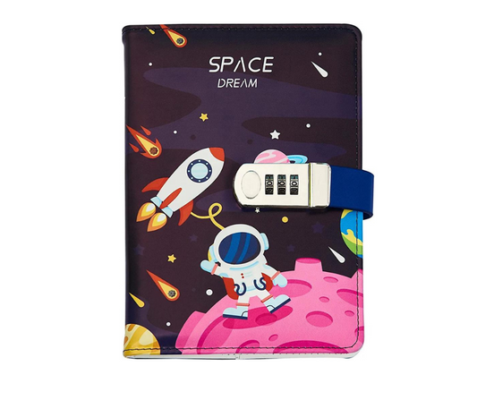 Combination Lock A5 Notebook Diary Journal Soft PU Leather Cover OuterSpace - Astro on PINK moon