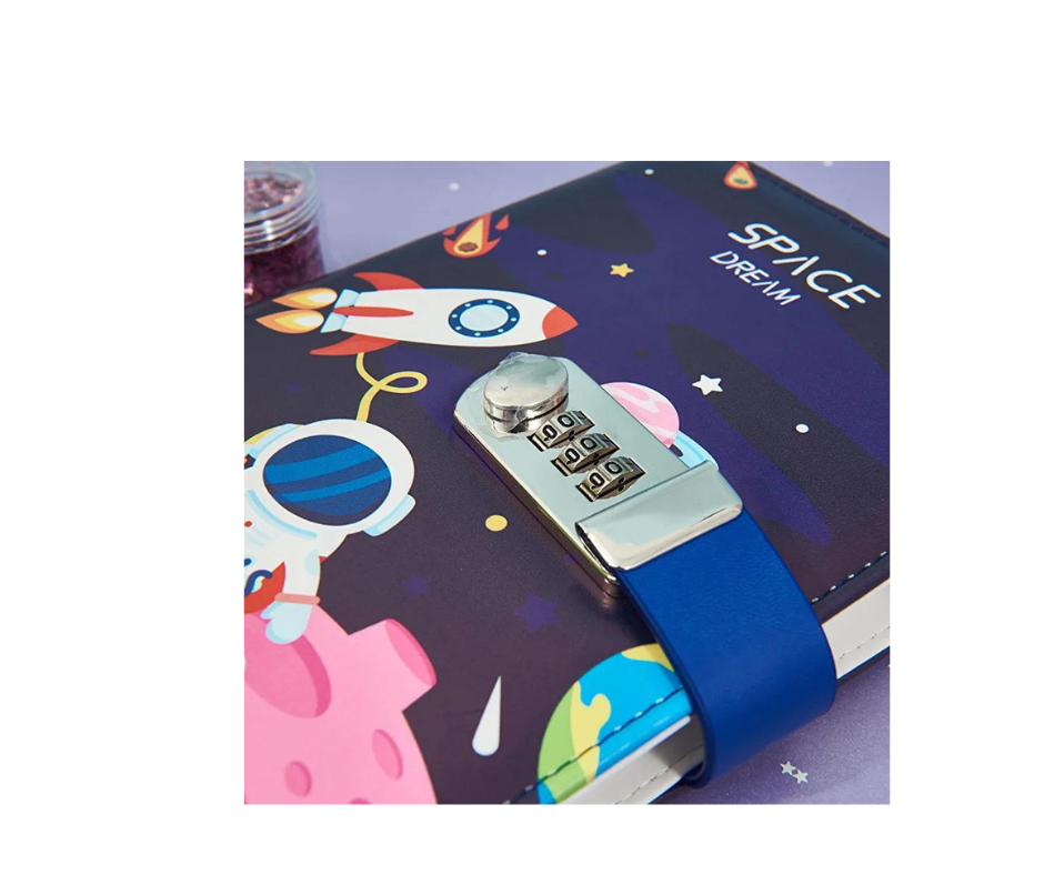 Combination Lock A5 Notebook Diary Journal Soft PU Leather Cover OuterSpace - Astro on PINK moon