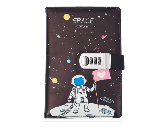 Combination Lock A5 Notebook Diary Journal Soft PU Leather Cover OuterSpace - Astro with heart flag