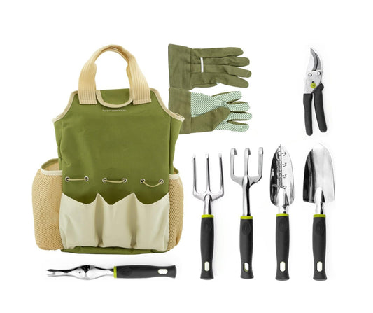 9 Piece Garden Tool set with Gloves in Storage Tote Bag Ergonomic Handles