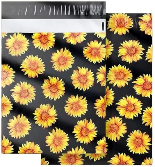 100 Black Sunflower Design Poly mailers Packaging 25x33cm self-adhesive