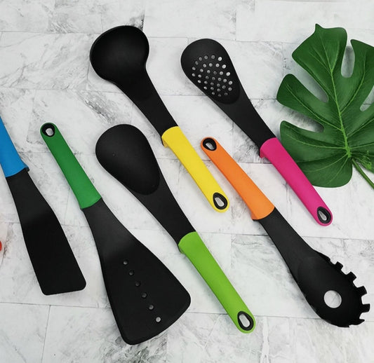 Nylon Kitchen Utensil 6 Piece set with rotating carousel Multi Colour Handles - 1 Pack