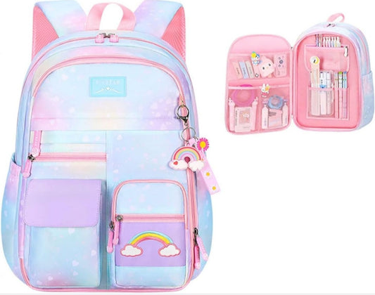 School Girls Rainbow Backpack Refrigerator door Style & multi compartments - Blue Tint