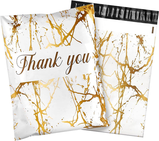 100 White Gold Splash Thank You Polymailers Packaging 25x33cm self-adhesive