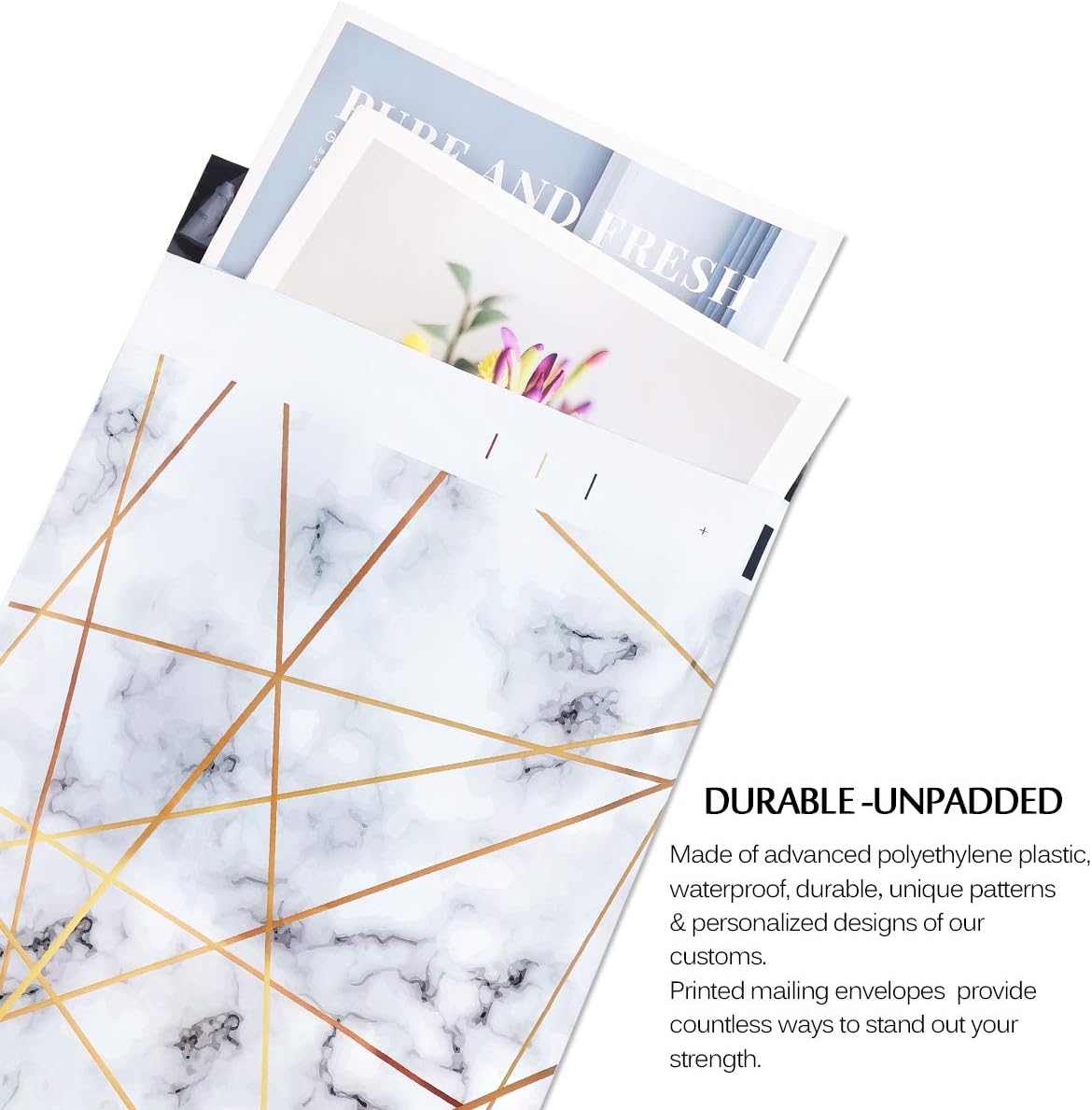 100 White Gold Marble Thank You Polymailers Packaging 25x33cm self-adhesive