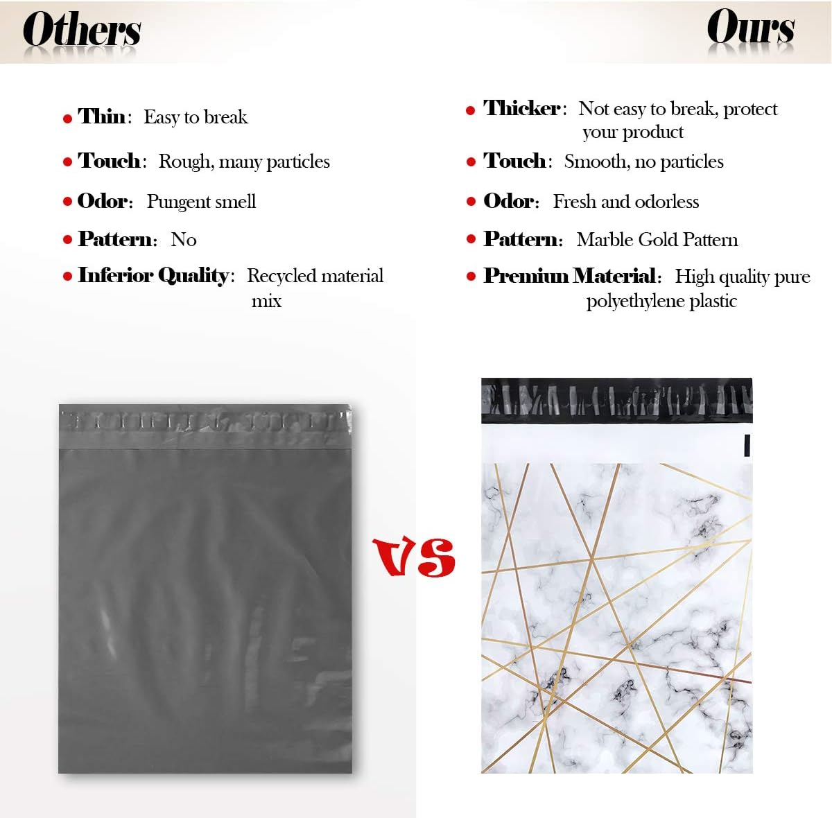 100 White Gold Marble Thank You Polymailers Packaging 25x33cm self-adhesive