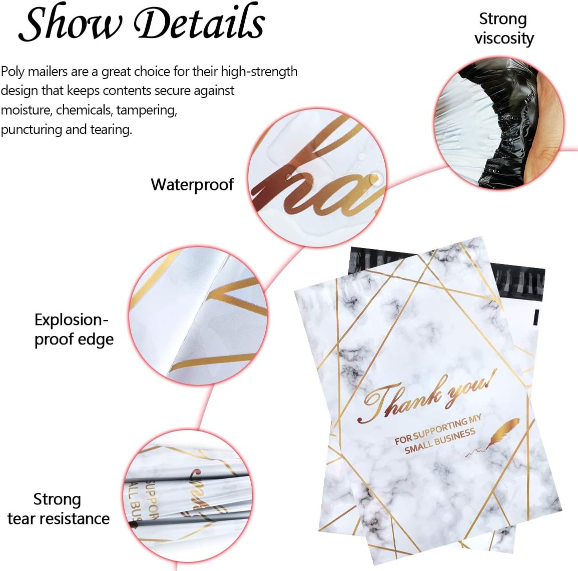 100 White Gold Marble Thank You Polymailers Packaging 25x33cm self-adhesive