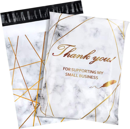 100 White Gold Marble Thank You Polymailers Packaging 25x33cm self-adhesive