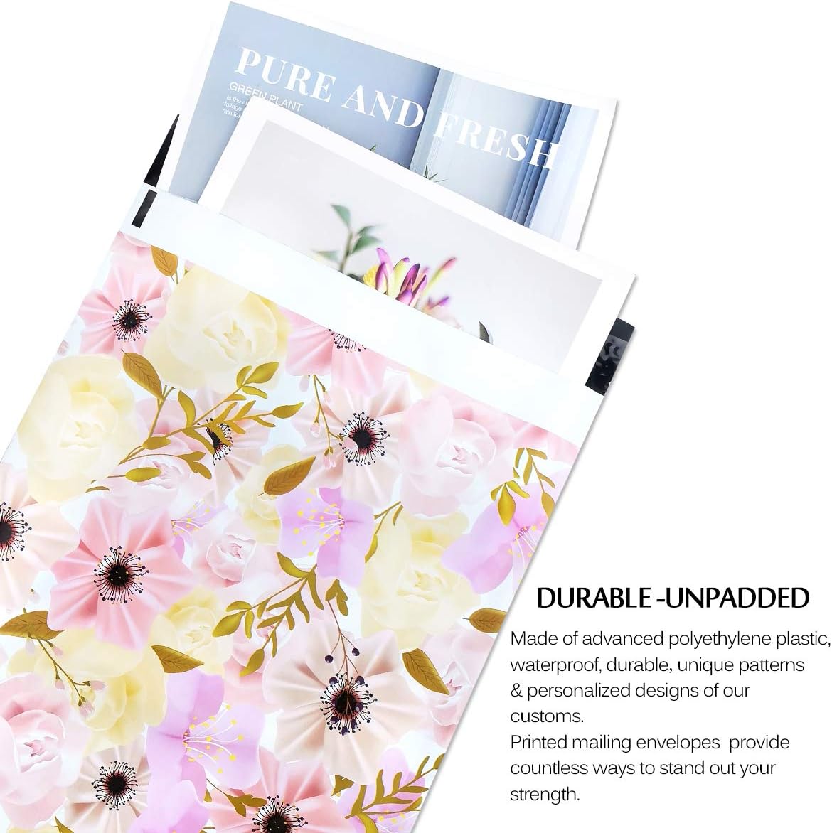 100 White Gold Floral Thank You Polymailers Packaging 25x33cm self-adhesive