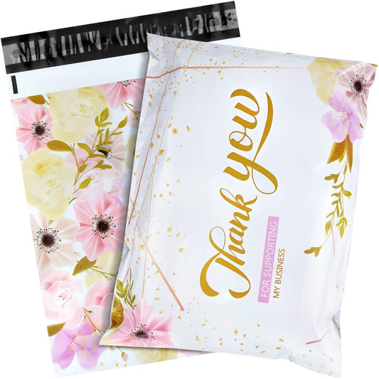 100 White Gold Floral Thank You Polymailers Packaging 25x33cm self-adhesive