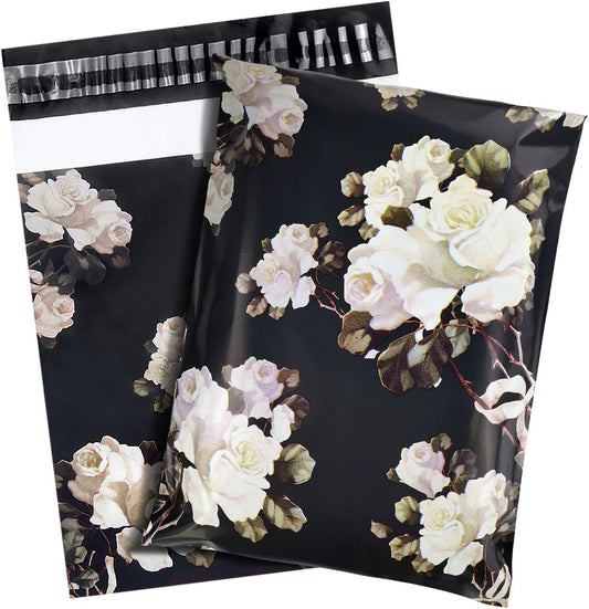 100 Black with White Roses Poly mailers Packaging 25x33cm self-adhesive