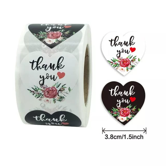 Heart shaped flower thank you stickers 38mm
